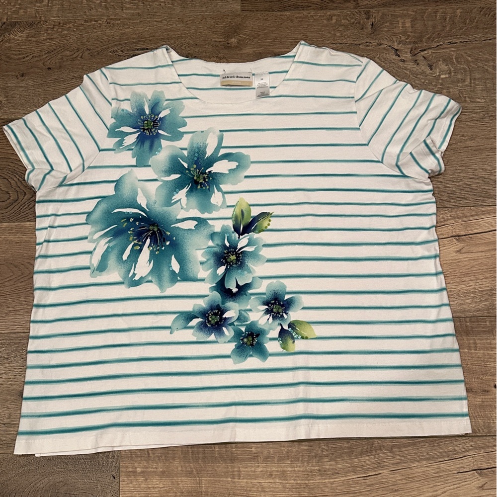 ALFRED DUNNER Womens 3x  Stripe Floral Short Sleeve Shirt Teal White EUC EUC